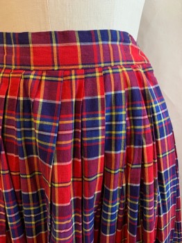 Womens, Skirt, N/L, Red, Blue, Yellow, White, Cotton, Plaid, W26, Pleated, Side Zipper