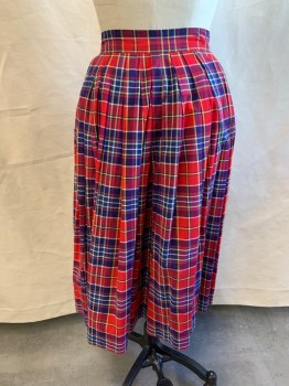 Womens, Skirt, N/L, Red, Blue, Yellow, White, Cotton, Plaid, W26, Pleated, Side Zipper