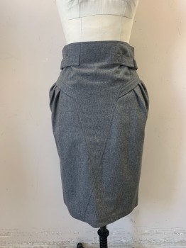 Womens, Skirt, CARLO FERRINI, Gray, Wool, Solid, Heathered, W26, Pencil Skirt, Flat Front, 3 Buttons Down Front, Straps with Snaps and Buckles, 2 Pockets,
