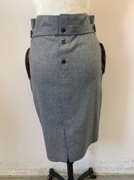 CARLO FERRINI, Gray, Wool, Solid, Heathered, Pencil Skirt, Flat Front, 3 Buttons Down Front, Straps with Snaps and Buckles, 2 Pockets,