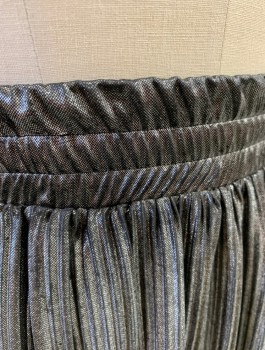 Womens, Skirt, SCALA, Silver Metallic, Polyester, Solid, W25-28, M, Elastic Waist Band, Pleated, Mid Calf Length, Unfinished Hem With Orange Overlock Stitches