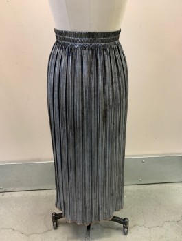 Womens, Skirt, SCALA, Silver Metallic, Polyester, Solid, W25-28, M, Elastic Waist Band, Pleated, Mid Calf Length, Unfinished Hem With Orange Overlock Stitches