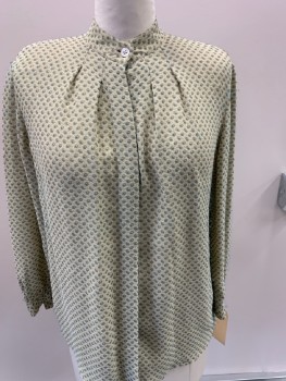 GIORGIO ARMANI, Beige, Tan Brown, Teal Blue, Polyester, Nylon, Dots, Crepe, Stand Collar,bf  Pleated CF Hidden Placket, L/S, Shoulder Pads