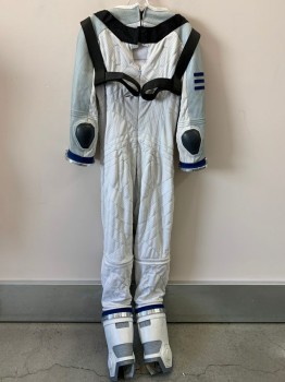 Unisex, Sci-Fi/Fantasy Piece 1, NO LABEL, White, Gray, Black, Dk Blue, Polyester, Metallic/Metal, Color Blocking, 36, Jumpsuits, L/S, CN, Textured Fabric, Black Velcro Straps Cross Chest And Back, Round Metal  Links On Arms And Bottom Leg, Back Zip, Elbow Pads