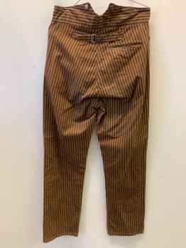 Mens, Historical Fiction Pants, NL, Lt Brown, Black, Cotton, Stripes - Vertical , 30, 30, Button Front, 4 Buttons on Front Waist,  4 Pockets, Adjustable Strap on Back, Velcro on Inside Front