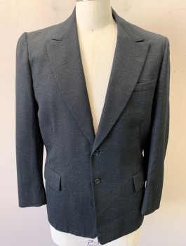 Mens, 1950s Vintage, Suit, Jacket, STONE-FIELD, Black, Lt Blue, Wool, Speckled, 40R, Single Breasted, Peaked Lapel, 2 Buttons, 3 Pockets, Double Vents in Back, Half Lining Inside