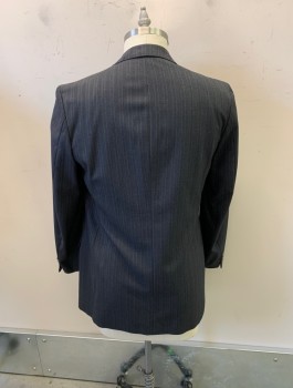 MALIBU CLOTHES, Dk Gray, Wool, Stripes, Double Breasted, 4 Buttons, Peaked Lapel, 3 Pockets,
