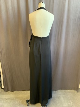 Womens, Evening Gown, BCBG, Black, Polyester, Solid, 2, Chiffon, Draped Surplice Halter, Waistband with Attached Self Belt, Wrap Draped Skirt, Floor Length Hem, Attached Leotard Lining with Snap Crotch