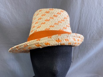 Womens, Straw Hat, AUGUST, Lt Beige, Orange, Paper, 2 Color Weave, 7, Orange Hat Band