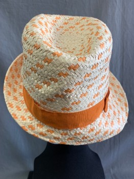 Womens, Straw Hat, AUGUST, Lt Beige, Orange, Paper, 2 Color Weave, 7, Orange Hat Band