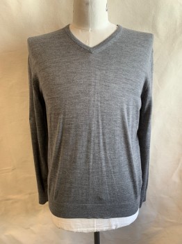 Mens, Pullover Sweater, BANANA REPUBLIC, Gray, Wool, Heathered, L, V-N, L/S, Ribbed Neckline, Waist, & Cuffs