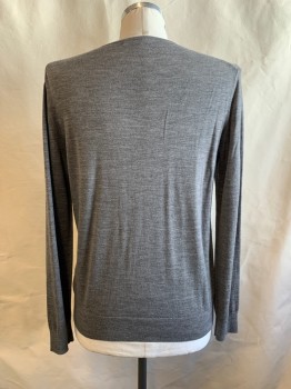 Mens, Pullover Sweater, BANANA REPUBLIC, Gray, Wool, Heathered, L, V-N, L/S, Ribbed Neckline, Waist, & Cuffs