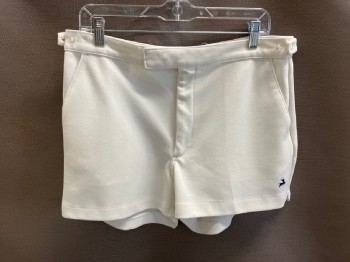 Mens, Shorts, WHITE STAG, White, Polyester, Solid, W:34, Tennis, Heavy Knit, Zip Front, Tab Waist, Adjustable Button Tabs Side Waist, 2 Slant Pckt, Navy Stag Logo Left Hip, Hem Notches