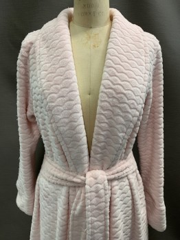 Womens, SPA Robe, NO LABEL, Baby Pink, Polyester, Textured Fabric, S, L/S, Shawl Collar,  Open Front,  With Waist Tie