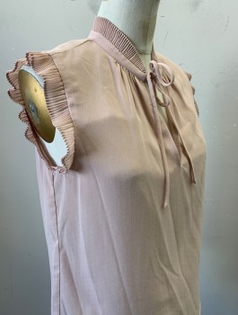 Womens, Blouse, H&M, Dusty Rose Pink, Polyester, Solid, Dots, Sz.4, Chiffon with Self Dot Texture, Self Accordion Pleated Ruffle at Cap Sleeve/Arm Hole and Neck, Keyhole at Neck with Self Ties