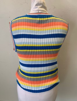 Womens, Sweater, NL, Blue, Peach Orange, White, Lt Blue, Yellow, Acrylic, Stripes - Horizontal , M, V-N, Slvls, Ribbed