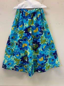 Womens, Pants, NO LABEL, Turquoise Blue, Green, Navy Blue, Yellow, Polyester, Floral, W26, Back Zipper, Pleated, Loose Fit, Side Pockets,