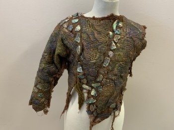Childrens, Sci-Fi/Fantasy Top, MTO, Brown, Black, Rust Orange, Iridescent Green, Purple, Synthetic, Latex, Splotches, C:24, Round Neck, Shredded Gauze, Textured Latex, One Sleeve, Left Back Velcro Closure @ Neck, Aged/ Distressed, Shells On Front & Sleeve