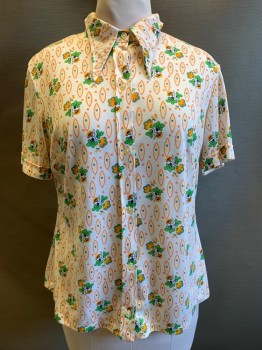 NO LABEL, Off White, Green, Yellow, Dk Orange, Polyester, Floral, S/S, Button Front, C.A.,