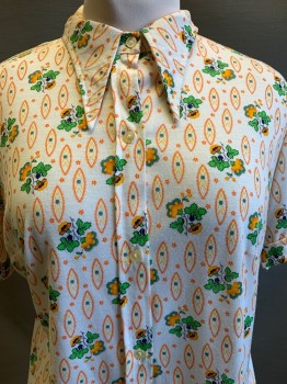 Womens, Shirt, NO LABEL, Off White, Green, Yellow, Dk Orange, Polyester, Floral, B40, S/S, Button Front, C.A.,