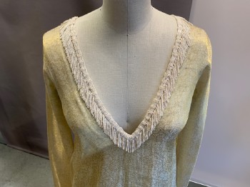MTO, Gold, Cream, Polyester, Beaded, Floral, L/S, Double V-N With Beaded Fringe, *stained Front & Back, Small Hole In Shoulder* Tiny Arms, Pit Stains