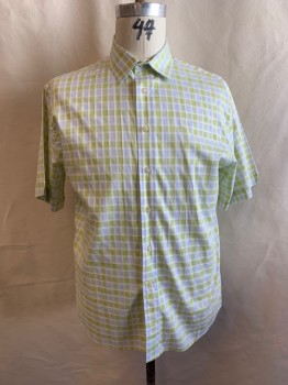 Mens, Casual Shirt, RUFUS, Lt Green, Lt Blue, White, Cotton, Plaid, XL, Collar Attached, Button Front, Short Sleeves