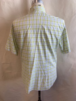Mens, Casual Shirt, RUFUS, Lt Green, Lt Blue, White, Cotton, Plaid, XL, Collar Attached, Button Front, Short Sleeves