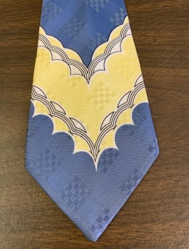 Mens, Tie, SAINT PIERRE, Slate Blue, Butter Yellow, White, Black, Rayon, Abstract , 1980's Does 1940's (Retro), 3 3/4" Wide at Base, Four in Hand