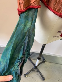 Womens, Historical Fiction Bodice, N/L MTO, Caramel Brown, Silk, W:24, B:32, Floral Swirl Taffeta, Center Panel is Burgundy Brocade, 3/4 Sleeve with Teal Taffeta Long Under-Sleeve, Stand Collar, Decorative Buttons in Front, Red Passementarie Ties with Tassels at Waist