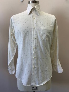 Mens, Shirt, SEARS, Off White, Faded Black, Red, Gray, Polyester, Cotton, Dots, Squares, 32, 15.5, L/S, Button Front, Collar Attached, Chest Pocket