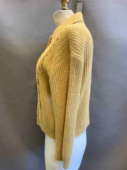 Womens, Sweater, N/L, Tan Brown, Wool, Solid, B 36, Cardigan, Rib Knit Point Collar, Cuffs and Waistband, Multi Texture and Cabled Front Panels