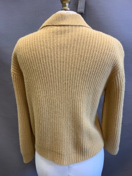 Womens, Sweater, N/L, Tan Brown, Wool, Solid, B 36, Cardigan, Rib Knit Point Collar, Cuffs and Waistband, Multi Texture and Cabled Front Panels