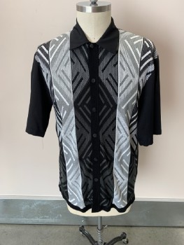SILVER SILK NINE, White, Gray, Black, Rayon, Polyester, Stripes - Vertical , C.A., B.F., S/S, Stripes & Triangle Shapes On Front, Solid Sleeves