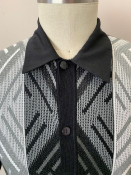 SILVER SILK NINE, White, Gray, Black, Rayon, Polyester, Stripes - Vertical , C.A., B.F., S/S, Stripes & Triangle Shapes On Front, Solid Sleeves