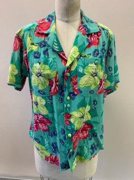 Womens, Blouse, LIZWEAR, Sea Foam Green, Lime Green, Raspberry Pink, Multi-color, Cotton, Tropical , S, S/S, Button Front, 2 Pockets, Self Buttons