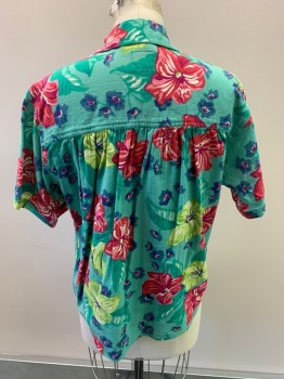 Womens, Blouse, LIZWEAR, Sea Foam Green, Lime Green, Raspberry Pink, Multi-color, Cotton, Tropical , S, S/S, Button Front, 2 Pockets, Self Buttons