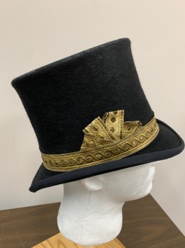Mens, Top Hat, KAMINSKI, Black, Gold, Beaver, Lurex, Solid, 7 1/4, Fancy Gold & Black Ribbon Hat Band