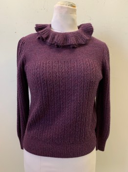 Womens, Sweater, SWEATER BEE, Dk Purple, Acrylic, Solid, L, Pullover, L/S, Double Flared Collar, Knit