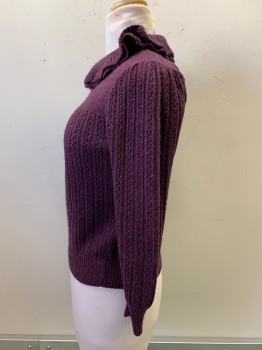 SWEATER BEE, Dk Purple, Acrylic, Solid, Pullover, L/S, Double Flared Collar, Knit