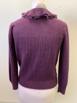 SWEATER BEE, Dk Purple, Acrylic, Solid, Pullover, L/S, Double Flared Collar, Knit