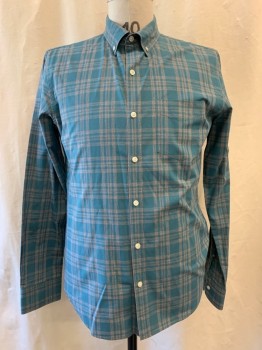 Mens, Casual Shirt, BONOBOS, Teal Green, Gray, Cotton, Plaid, M, Collar Attached, Button Down Collar, Button Front, Long Sleeves