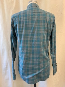 Mens, Casual Shirt, BONOBOS, Teal Green, Gray, Cotton, Plaid, M, Collar Attached, Button Down Collar, Button Front, Long Sleeves