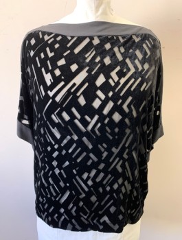 Womens, Top, N/L, Black, Rayon, Silk, Geometric, B <48", XL, Burnout Velvet with Angled Rectangles Pattern, Wide Short Sleeves with Cutout Along Shoulder Seam, Crepe Edging at Neck and Sleeves, Bateau/Boat Neck, Pullover
