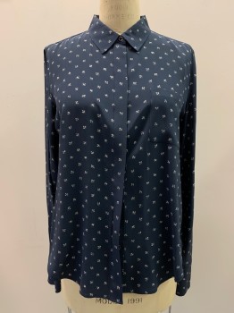 Womens, Blouse, VINCE, Navy Blue, Beige, Silk, Spots , C: 42, 8, L/S, Button Front, Collar Attached, Chest Pockets, French Cuffs
