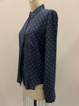 Womens, Blouse, VINCE, Navy Blue, Beige, Silk, Spots , C: 42, 8, L/S, Button Front, Collar Attached, Chest Pockets, French Cuffs