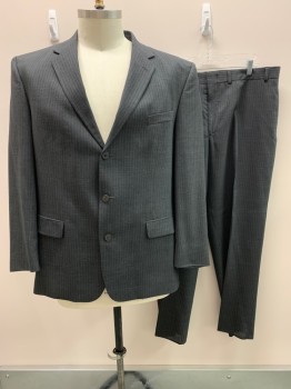 STRUCTURE, Gray, White, Wool, Stripes - Pin, Single Breasted, 3 Buttons, Notched Lapel, 3 Pockets, Single Vent