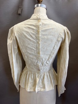 Womens, Blouse 1890s-1910s, MTO, Ecru, Caramel Brown, Cotton, Floral, W:25, B:36, Wheat Plant and Dots Pattern Calico, Long Sleeves, Button Back, Stand Collar, Pleats From Shoulders To Waist In V Shape, Gathered Peplum Style Hem, Puffy Sleeves,