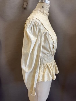 Womens, Blouse 1890s-1910s, MTO, Ecru, Caramel Brown, Cotton, Floral, W:25, B:36, Wheat Plant and Dots Pattern Calico, Long Sleeves, Button Back, Stand Collar, Pleats From Shoulders To Waist In V Shape, Gathered Peplum Style Hem, Puffy Sleeves,