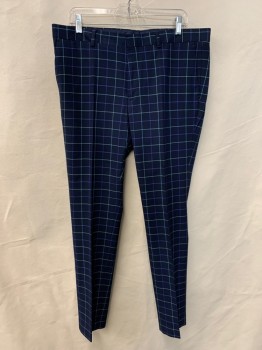 Mens, Suit, Pants, TOPMAN, Navy Blue, Mint Green, Blue, Polyester, Viscose, Grid , 38/31, F.F, Side Pockets, Zip Front