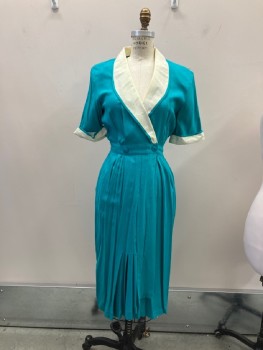 NANCY JOHNSON, Turquoise Blue, Cream, Rayon, Cotton, Solid, Color Blocking, Wrap, Contrast Shawl Lapel (with Modesty Snap) And Cuffs, Shoulder Pads, S/S, Elastic Back Waistband with 2 Bttns On Front, Box Pleats From CF Waist To ~ 10" Above Hem, 2 Hip Pckt On Seams